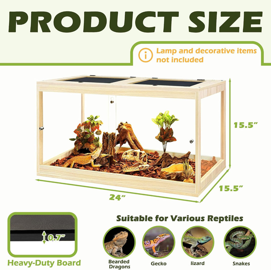 PROLEE Reptile Tank, 31 Gallon Beard Dragon Tank, Tempered Glass Reptile Encloure and Snake Tank with Locking Design for Lizard,Gecko,Chameleon (24'X15.5'X15.5',Oak)