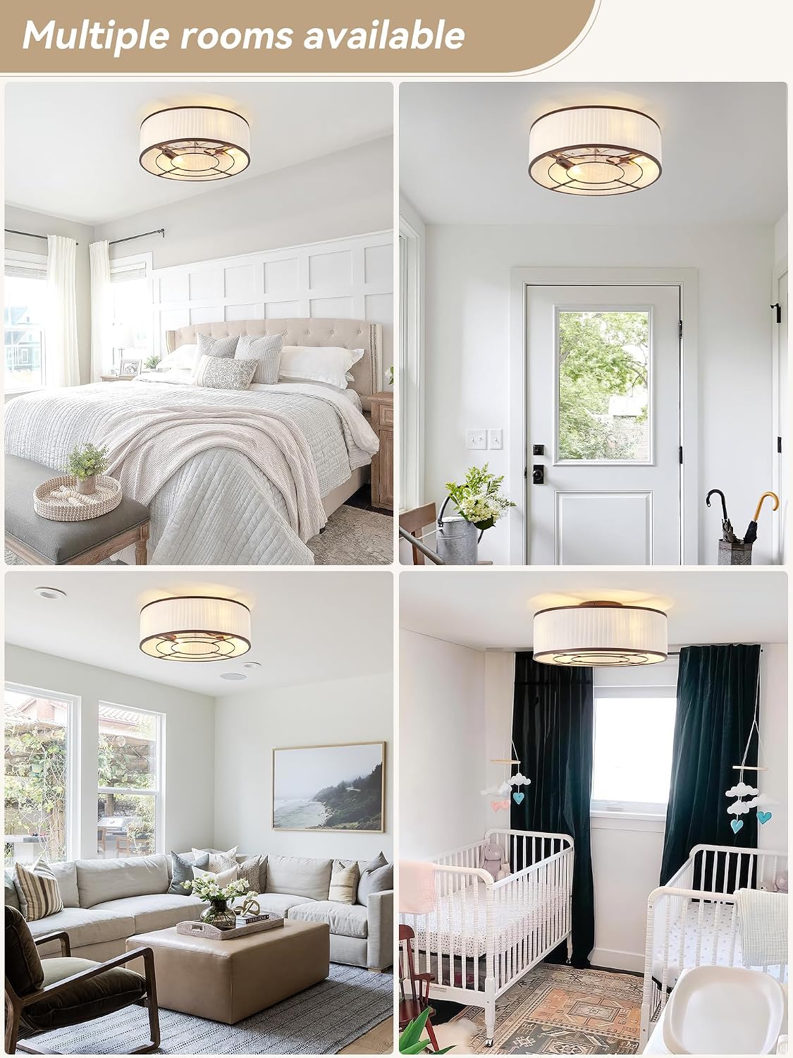 Boho Ceiling Fan with Light Flush Mount, 20' Brown Caged Ceiling Fan with Lights Remote Control, Bladeless Ceiling Fans 6 Speeds for Bedroom, Living Room, Nursery
