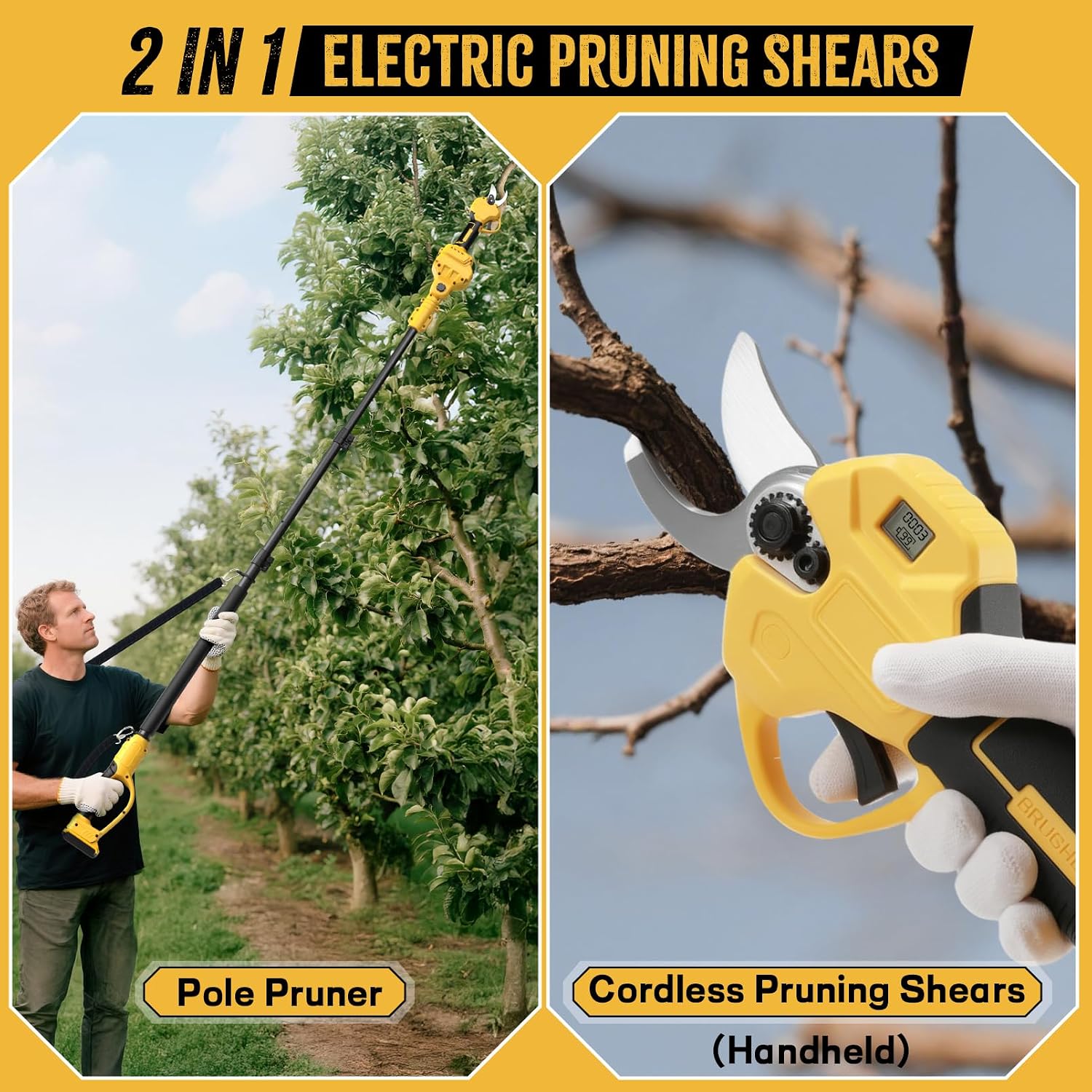 2 IN 1 Electric Pruning Shears Cordless with Pole for Dewalt 20V MAX Battery, 14Ft Reach, 1.2' Cutting Diameter, Brushless Motor Tree Pruner - for Gardening & Tree Trimming (No Battery)
