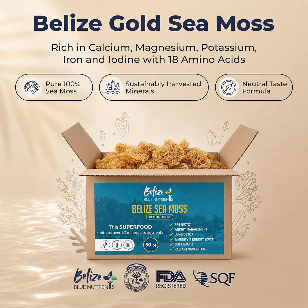 Gold Sea Moss – Sustainably Harvested Organic Eucheuma Cottonii – Raw, Sun-Dried Caribbean Seamoss, 90+ Minerals for Thyroid, Digestion, Antioxidants, Skin & Energy - 50 lb