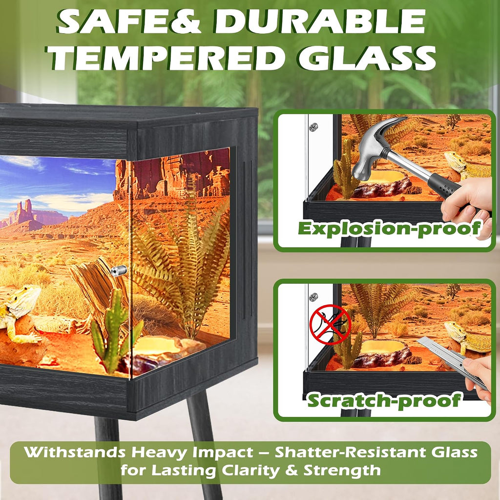 Royxen Bearded Dragon Tank, 31 Gallon Reptile Tank with Leg Stand,Built-in Lighting Reptile Enclosure, Tempered Glass Bearded Dragon Encloure for Chameleon (Black,24'x 16'x 16')