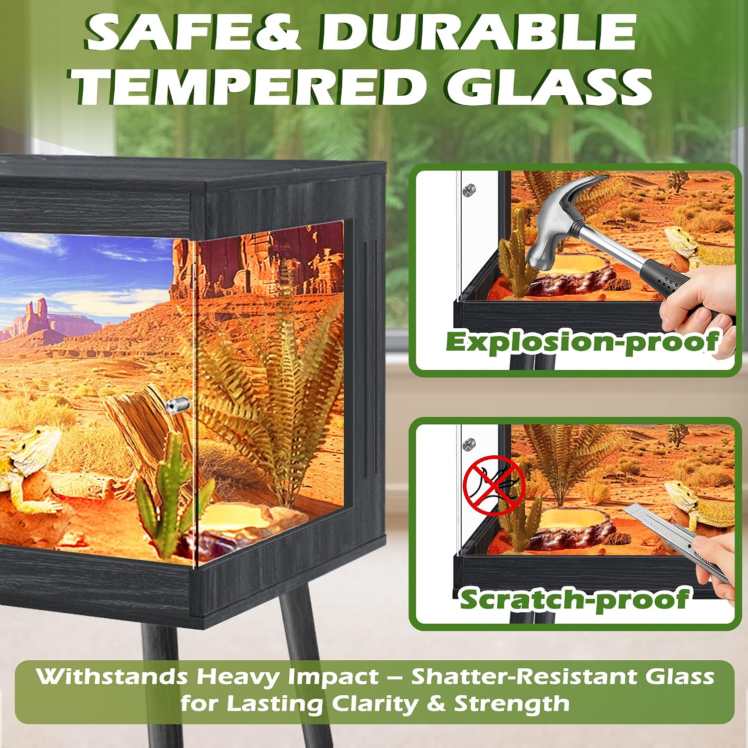 Royxen Bearded Dragon Tank, 36 Gallon Reptile Tank with Leg Stand,Built-in Lighting Reptile Enclosure, Tempered Glass Bearded Dragon Encloure for Chameleon (Black,32'x 16'x 16')