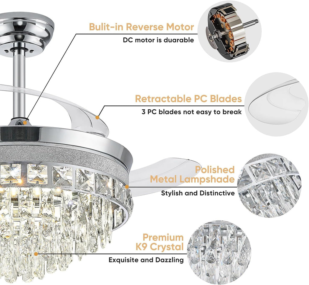 42 Inch Fandelier Ceiling Fan with Light, Chandelier Ceiling Fans with Lights, Crystal Ceiling Fans for Bedroom Living Room, LED Dimmable, 6 Wind Speed,3 Color Temperatures-Chrome