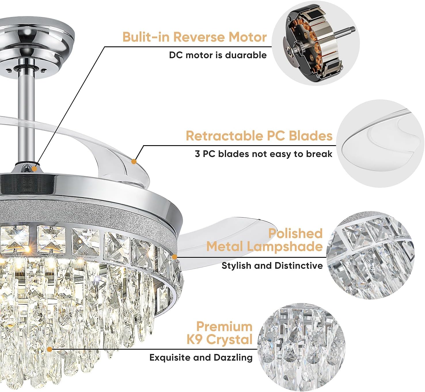 42 Inch Fandelier Ceiling Fan with Light, Chandelier Ceiling Fans with Lights, Crystal Ceiling Fans for Bedroom Living Room, LED Dimmable, 6 Wind Speed,3 Color Temperatures-Chrome