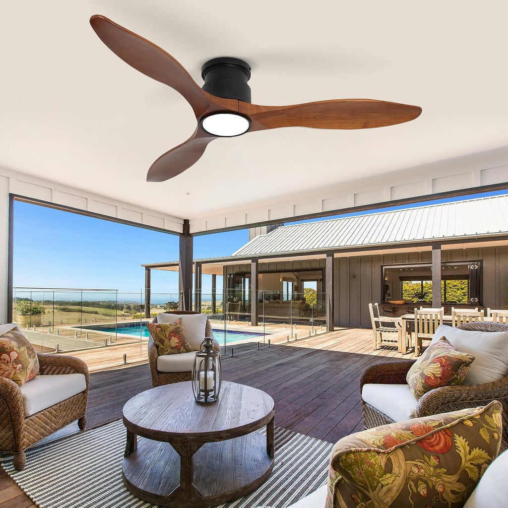52Inch Wood Ceiling Fans with Lights and Remote Control, Indoor Outdoor Ceiling Fans Farmhouse, Low Profile Ceiling Fan with Light Timing 6 Speeds 3 Color Light Memory Lighting Reversible