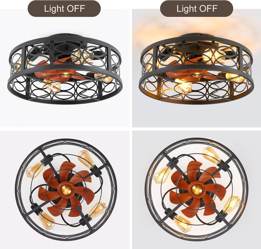 20' Caged Ceiling Fan with Light and Remote，Bladeless Ceiling Fan 6 Speed Reversible with 4 Bulbs and Remote Control.Low Profile Ceiling Fans with Lights for Bedroom, Dining Room
