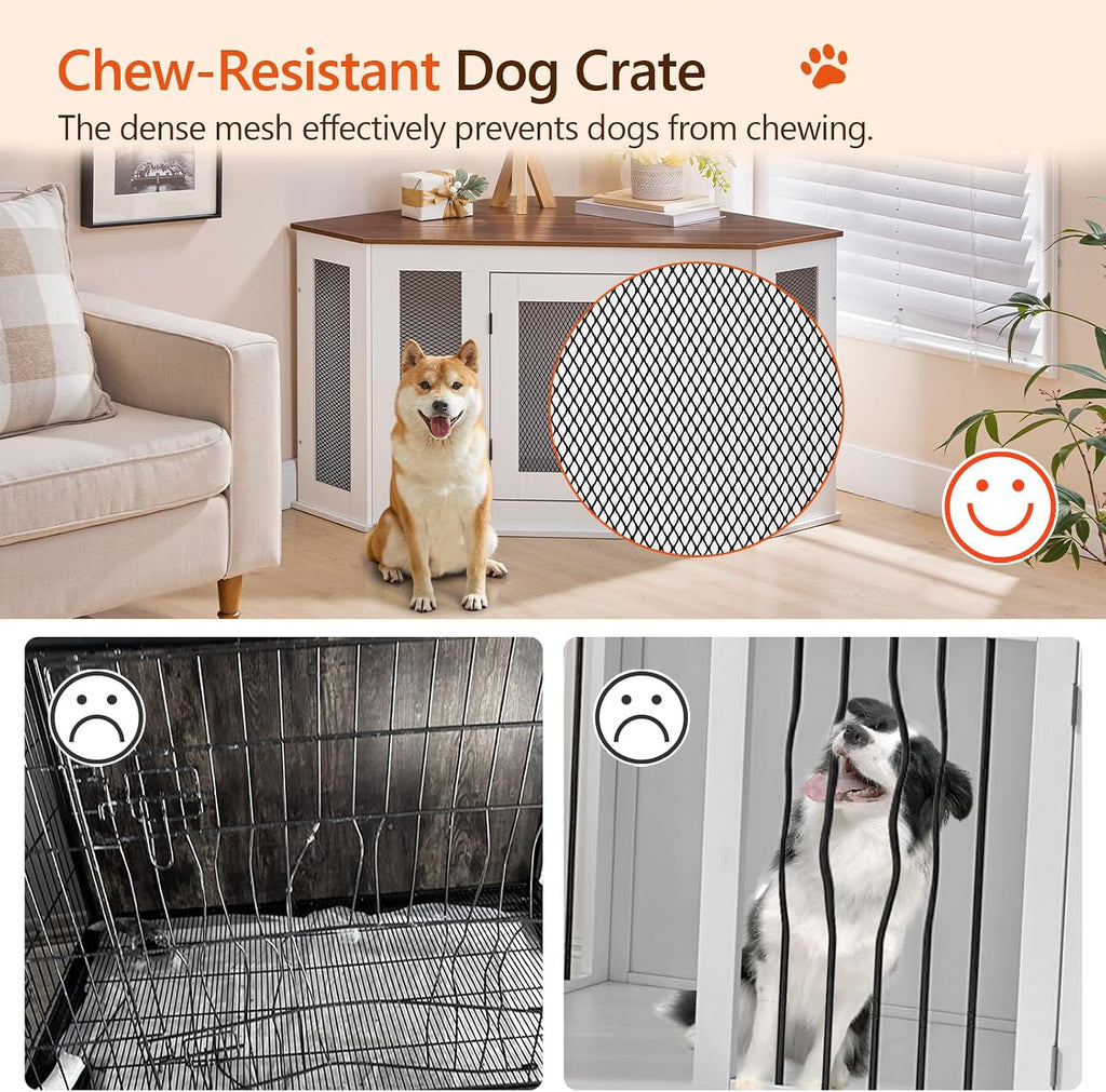 MAHANCRIS Corner Dog Crate Furniture, Wooden Dog Kennel End Table, Decorative Pet Crate Indoor Use, Furniture Style Dog House for Small Medium Dog, Dog Cage TV Stand, White and Walnut DCBA0801