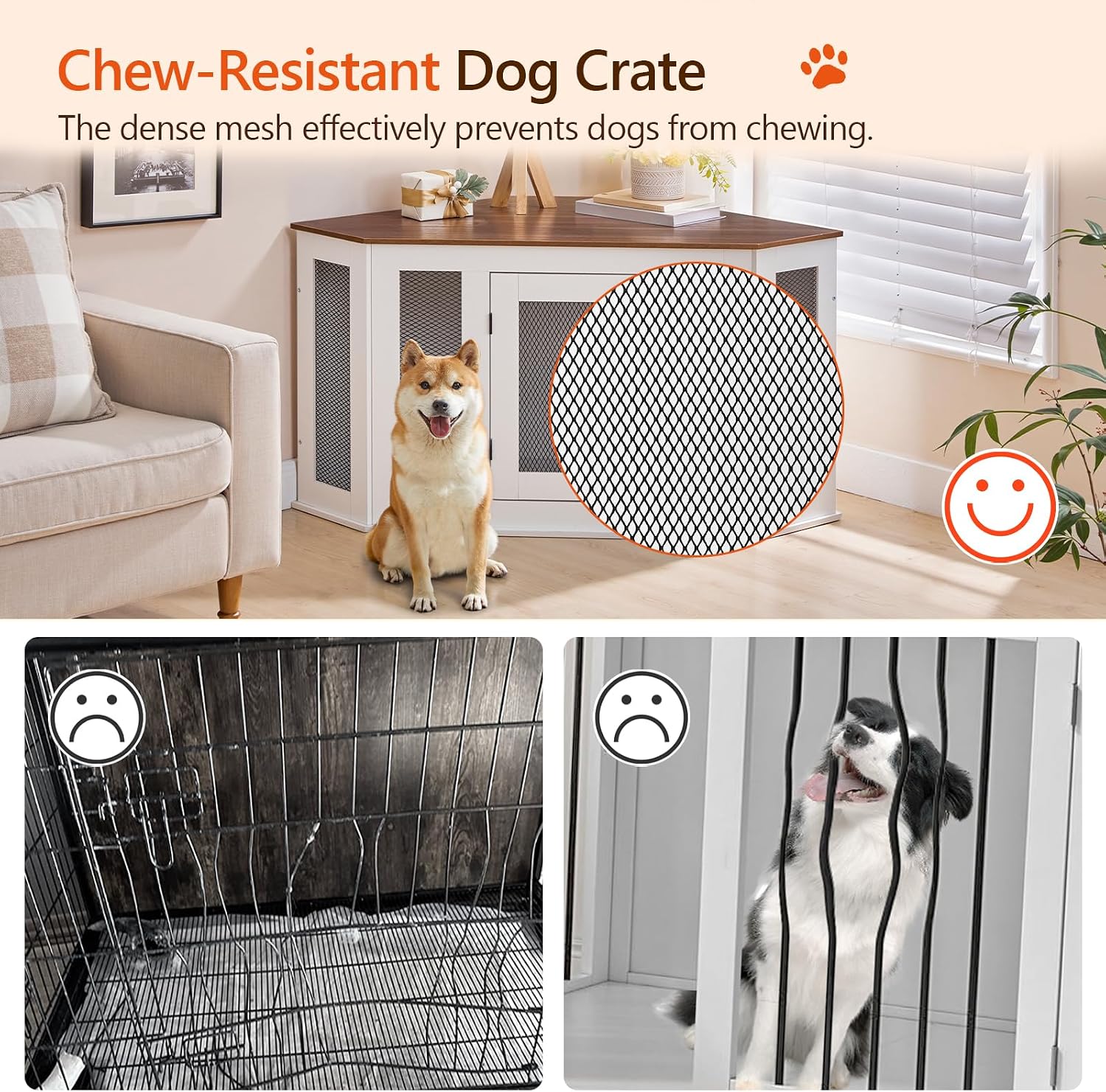 MAHANCRIS Corner Dog Crate Furniture, Wooden Dog Kennel End Table, Decorative Pet Crate Indoor Use, Furniture Style Dog House for Small Medium Dog, Dog Cage TV Stand, White and Walnut DCBA0801