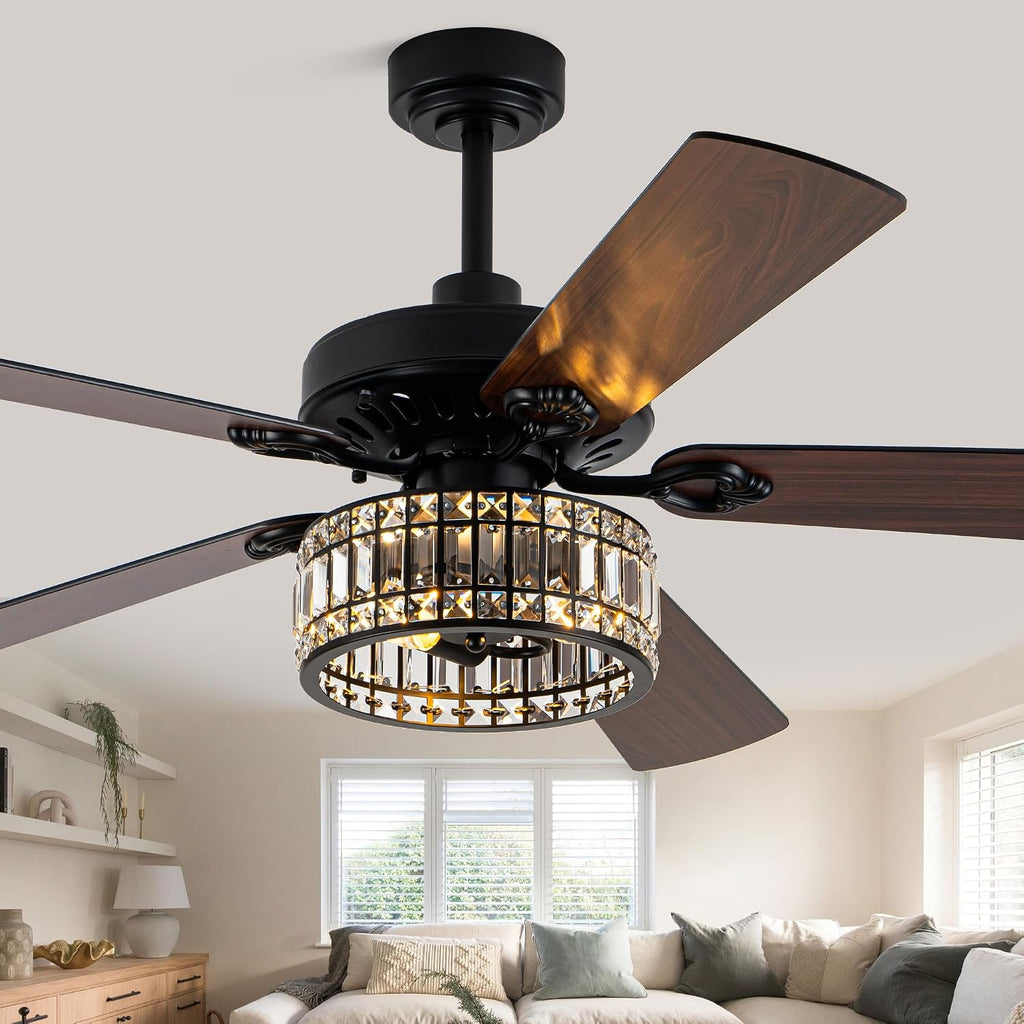 Bella Depot 60' Vintage Black Ceiling Fan with Light, Large Crystal Chandelier Fan Fandelier Fan with 6-Speeds, Quiet Reversible DC Motor, for Bedroom, Living Room