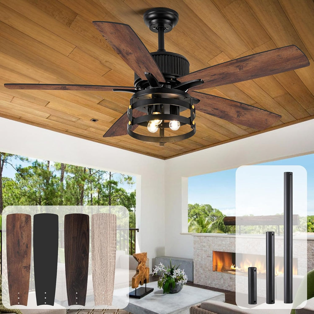 Farmhouse 52 inch Ceiling Fans with Lights and Remote, 2 Sets of Fan Blades, 4 Colors, Outdoor Ceiling Fan for Patio with Light, Wood Ceiling Fans with Timer Reversible DC Motor for Porch