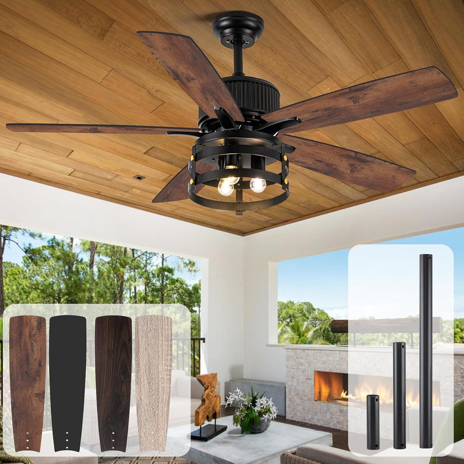 Farmhouse 52 inch Ceiling Fans with Lights and Remote, 2 Sets of Fan Blades, 4 Colors, Outdoor Ceiling Fan for Patio with Light, Wood Ceiling Fans with Timer Reversible DC Motor for Porch