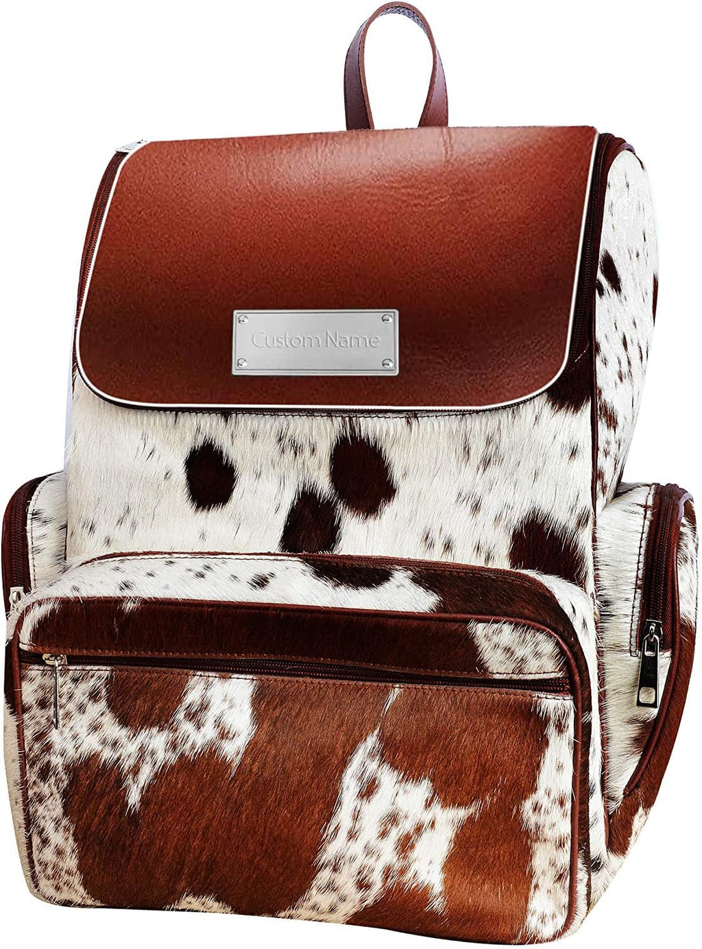 Cowhide Print Hair Diaper Bag Leather Backpack Rucksack/Knapsack Shoulder Travel Bag Brown & White (With Custom Name)