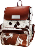 Cowhide Print Hair Diaper Bag Leather Backpack Rucksack/Knapsack Shoulder Travel Bag Brown & White (With Custom Name)