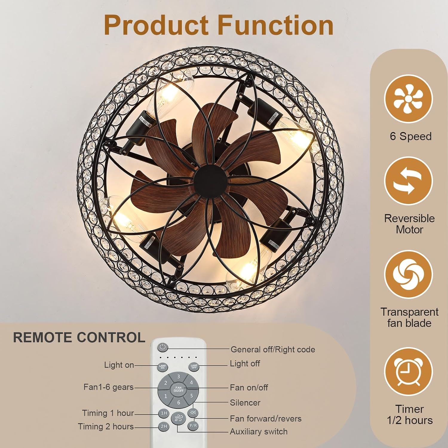 Modern Fandelier Crystal Ceiling Fans with Lights and Remote, 20-Inch Low Profile Bladeless Flush Mount Caged Ceiling Fan for Bedroom, Kitchen,Living Room,Small Ceiling Fan with Light with 6 Speed