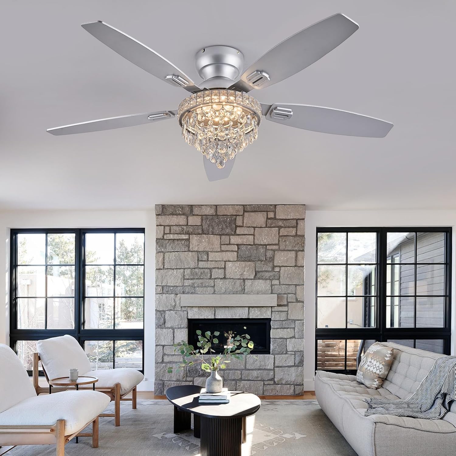 Crystal Ceiling Fan Fandelier with Lights-Ceiling Fans with Lights,54' Low Profile and Remote Control, Flush Mount, Reversible, Dimmable, Noiseless, Sliver Ceiling Fan for Bedroom