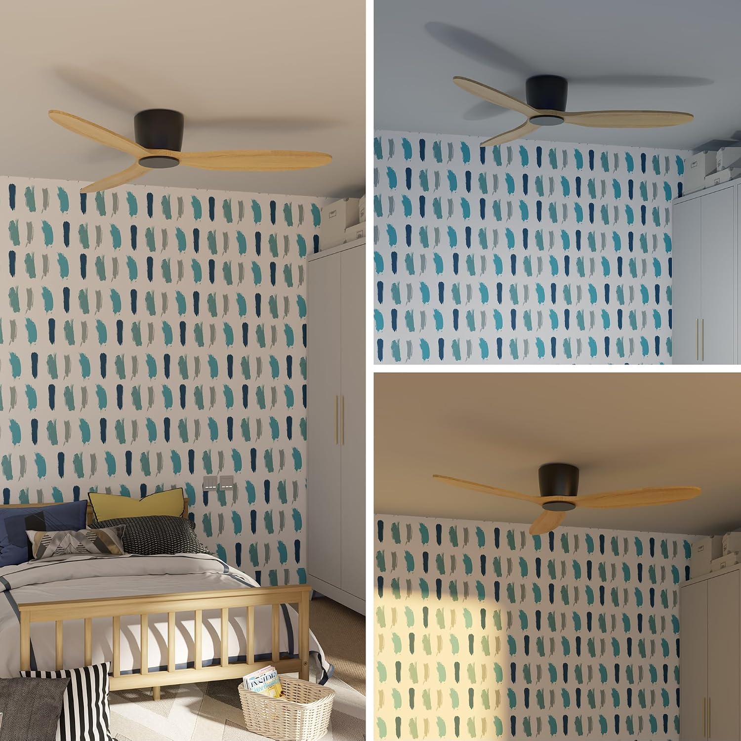 Ceiling Fan no Lights, 52 Inch Low Profile Ceiling Fans without light, Flush Mount Fan with Remote, Modern Natural Wood Ceiling Fan for Bedroom Indoor Outdoor, 6-Speed Reversible DC Motor, Timer