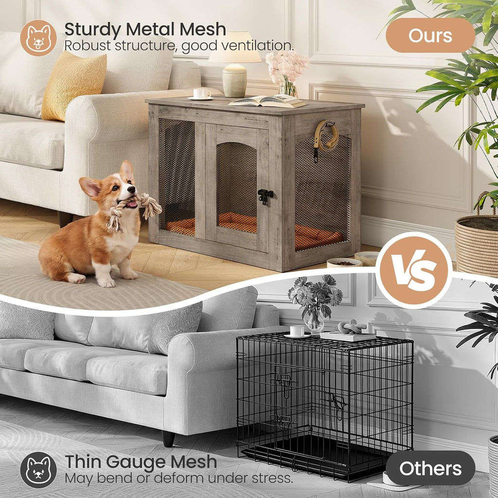 CHOEZON Wooden 30.1' Dog Crate Furniture, Farmhouse Pet Cage End Table with Secure Lock, Ventilated Mesh for Medium Dogs, Dog Kennel Furniture for Living Room, Bedroom, Greige MGW02FH
