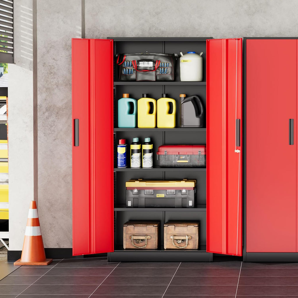INTERGREAT Storage Cabinet with Doors and Shelves, Metal Garage Storage Cabinets with Lock, Black Lockable Steel Supply Cabinet for Home Office, Warehouse (Black Red)