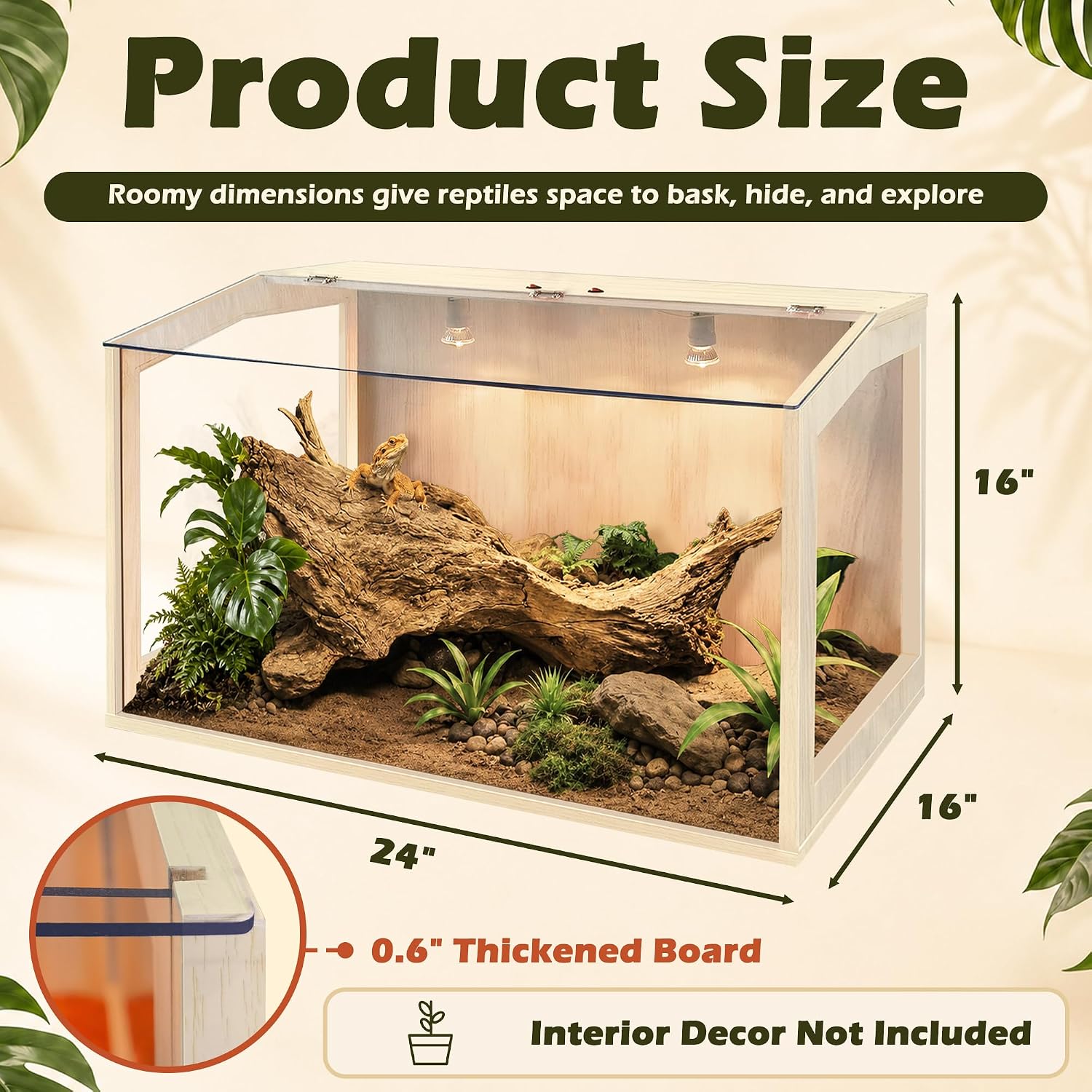 PROLEE Bearded Dragon Tank, Lizard Tank with Clear Tempered Glass, Anti-Scratch Reptile Enclosure, Reptile Tank Built-in Light Fixtures with Switch (24X16X16inch,24 Gallon)