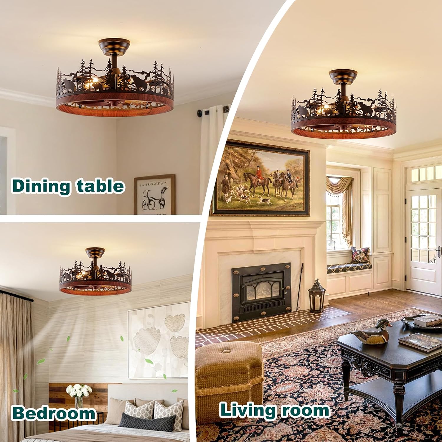 21 Inch Flush Mount Farmhouse Ceiling Fan with Light and Remote, Rustic Walnut Wood Grain Bladeless Fandelier Chandeliers Fan, Forest Ceiling Fan for Living Room, Bedroom