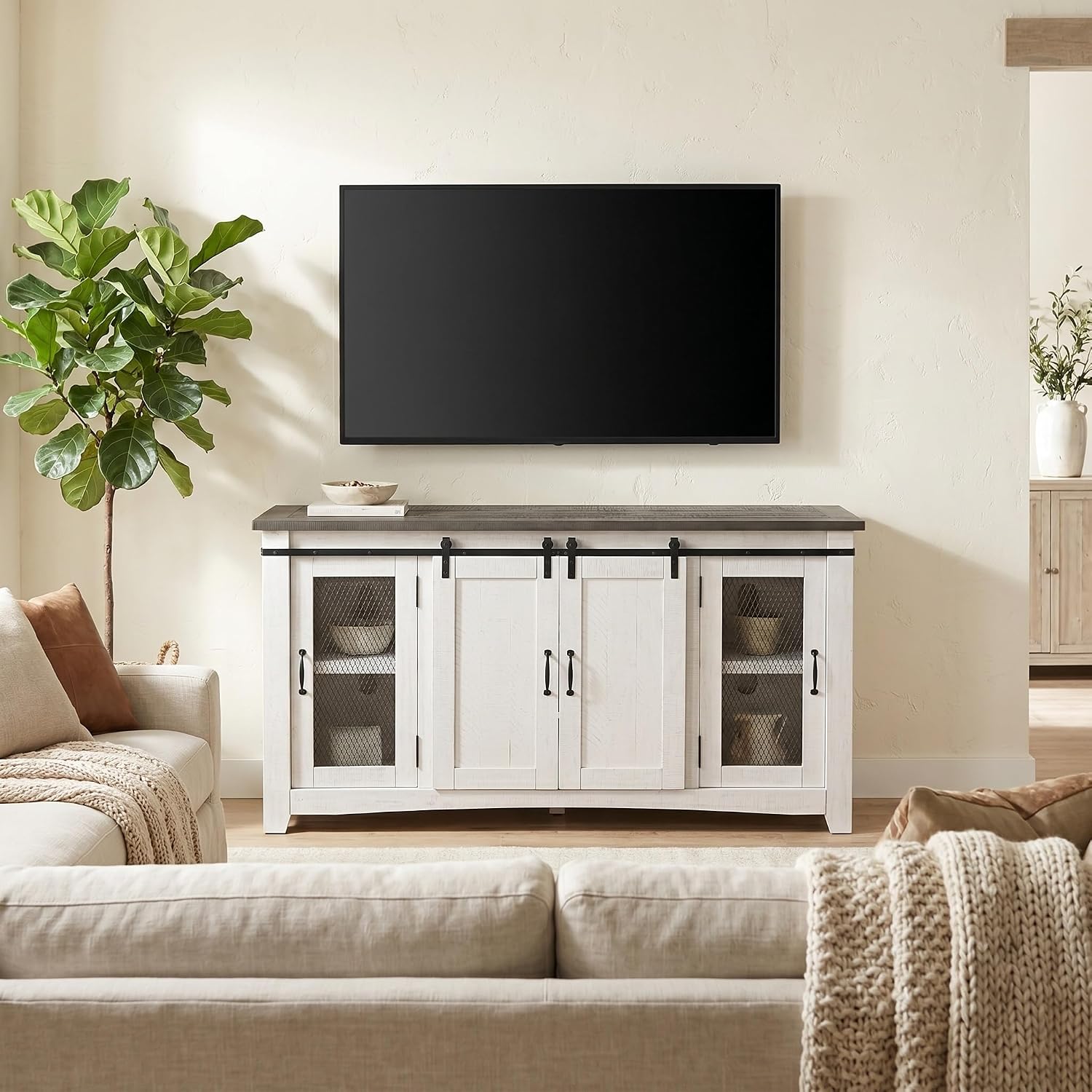 Martin Svensson Home 65' Solid Pine Wood Entertainment Center with Storage. Rustic TV Stand for TVs up to 70.' Sliding Doors, Adjustable Shelves & Cable Management – White and Grey Finish
