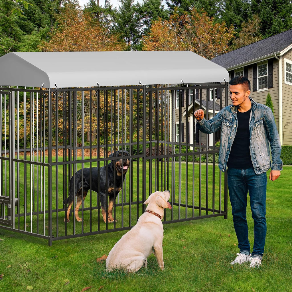 8x4x6 ft Heavy-Duty Outdoor Dog Kennel with Lockable Roof & Cover - All-Weather Large Dog Cage Kennel for Medium & Large Dogs, Waterproof Pet Enclosure