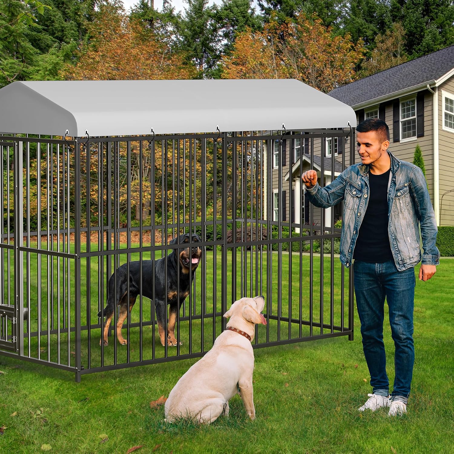 8x4x6 ft Heavy-Duty Outdoor Dog Kennel with Lockable Roof & Cover - All-Weather Large Dog Cage Kennel for Medium & Large Dogs, Waterproof Pet Enclosure