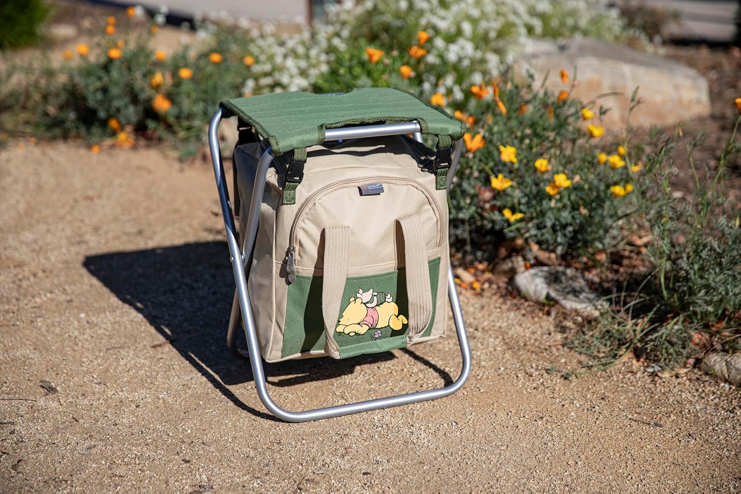 PICNIC TIME Disney Winnie The Pooh Gardener Folding Seat with Tools, Folding Garden Stool with Detachable Tote and Hand Tool Set Organizer, Portable Gardening Chair, (Olive Green with Beige Accents)