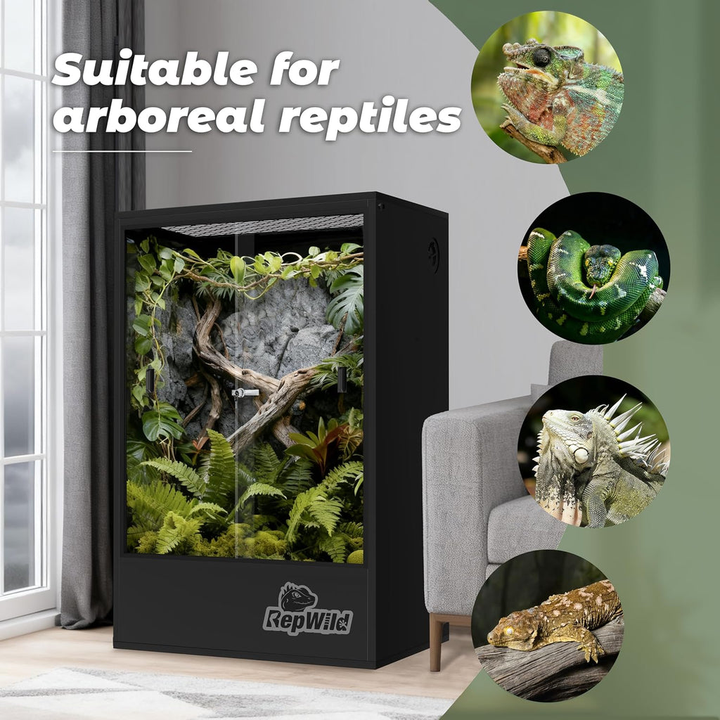 65 Gallon PVC Tall Reptile Tank/Terrarium, RepWild 24' x 18' x 36' Arboreal Reptile Habitat Enclosure with Sliding Door & Heavy-Duty Screen for Amphibians, Crested Gecko Lizard Chameleon