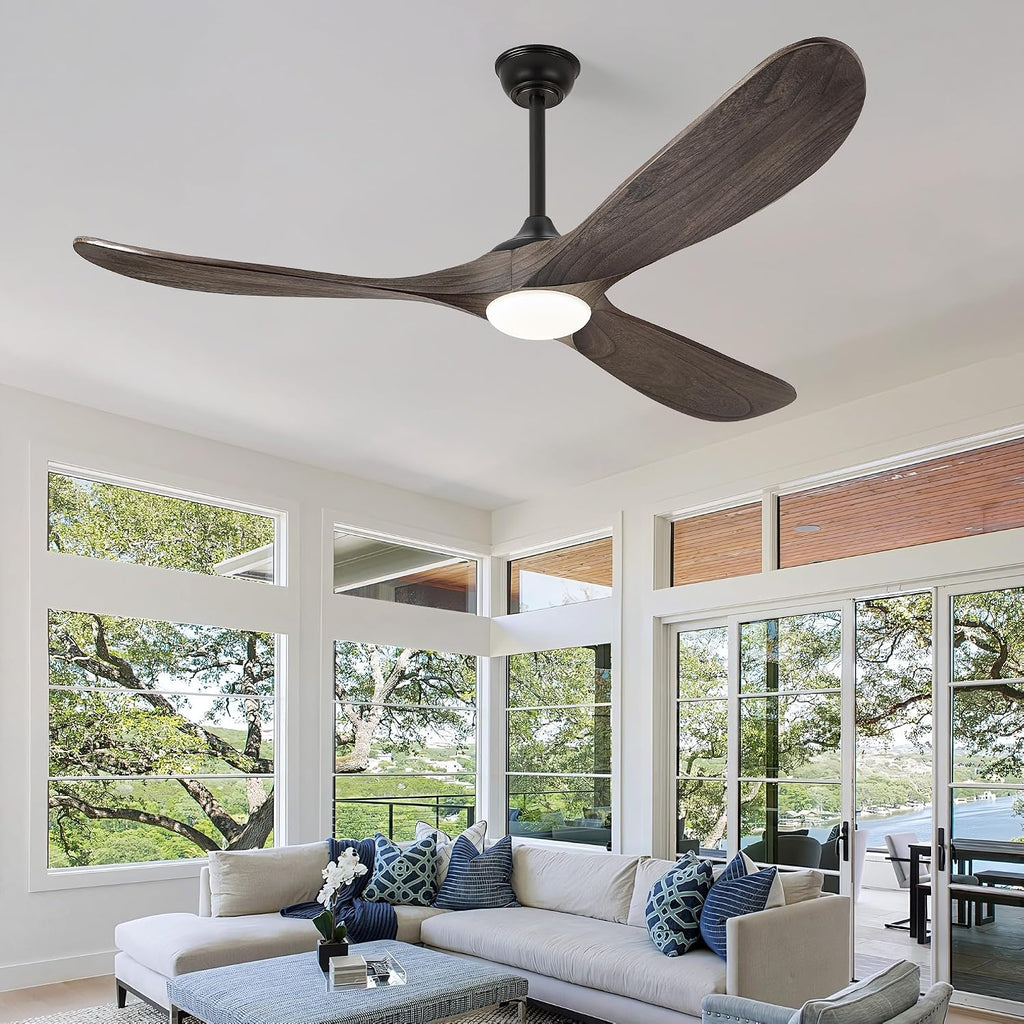 Haipeel 60 Inch Outdoor Ceiling Fans with Lights, Propeller Solid Wood Ceiling Fans with Light and Remote Control for Outdoor Ceiling Fan with Light for Patio Farmhouse, DC ETL Listed, Deep Brown