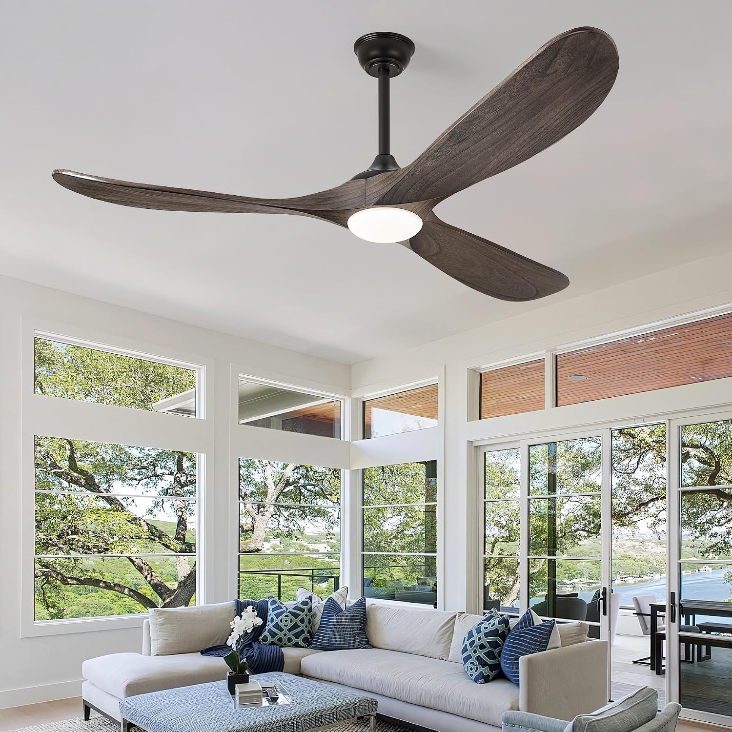 Haipeel 60 Inch Outdoor Ceiling Fans with Lights, Propeller Solid Wood Ceiling Fans with Light and Remote Control for Outdoor Ceiling Fan with Light for Patio Farmhouse, DC ETL Listed, Deep Brown
