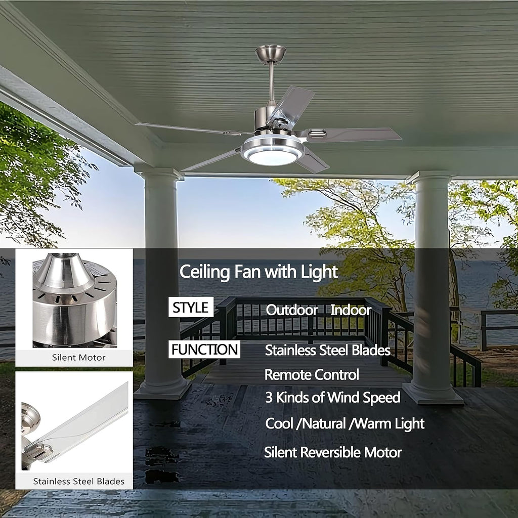 Outdoor Ceiling Fan Light, Remote Control Patio Ceiling Fan with 5 Reversible Stainless Steel Blades, 52 inch with LED Light for Pavilion, Warehouse Ceiling Fans, farm Fan Barn Fan (52 inch)