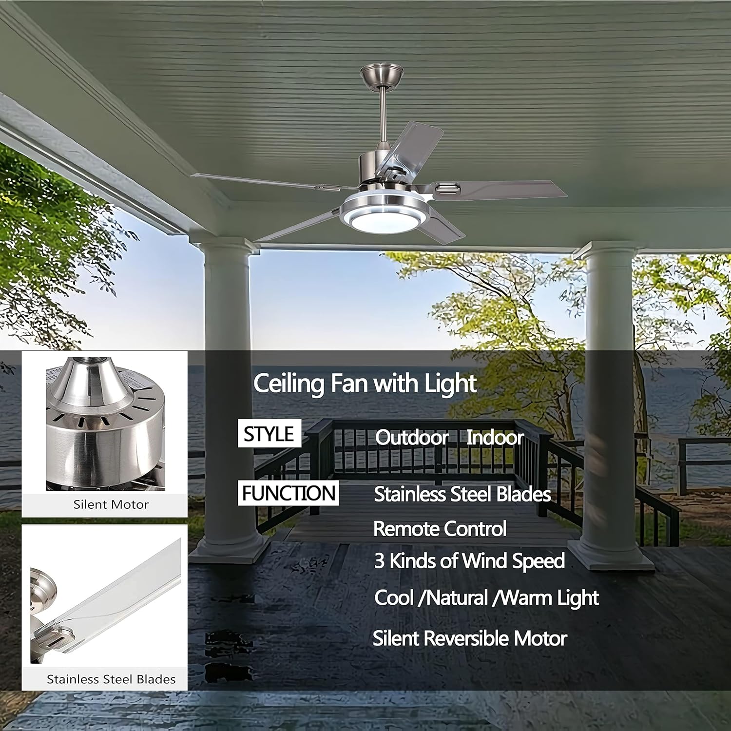 Outdoor Ceiling Fan Light, Remote Control Patio Ceiling Fan with 5 Reversible Stainless Steel Blades, 52 inch with LED Light for Pavilion, Warehouse Ceiling Fans, farm Fan Barn Fan (52 inch)