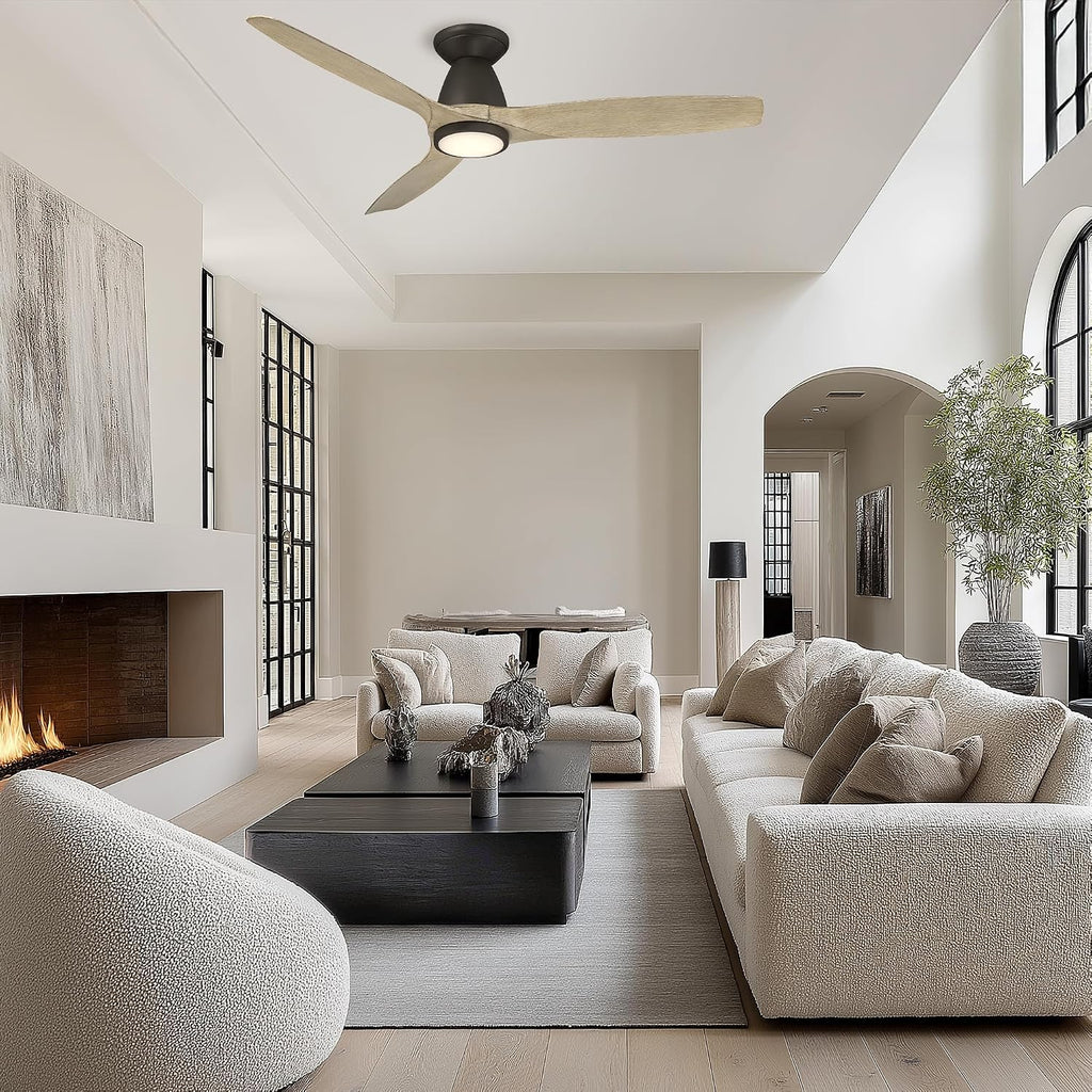 Skylark Indoor and Outdoor 3-Blade 54in Smart Flush Mount Ceiling Fan Bronze/White Oak with 2700K-3000K-4000K-5000K Selectable LED Light Kit and Remote Control works with iOS or Android App