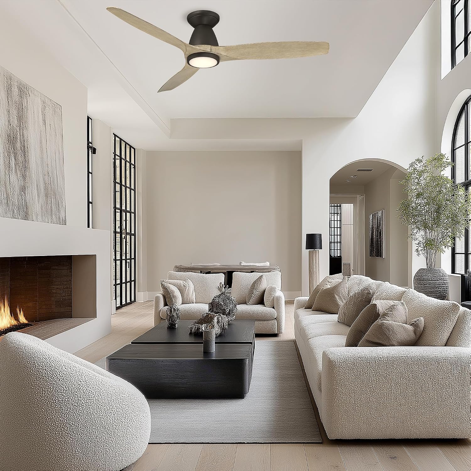 Skylark Indoor and Outdoor 3-Blade 54in Smart Flush Mount Ceiling Fan Bronze/White Oak with 2700K-3000K-4000K-5000K Selectable LED Light Kit and Remote Control works with iOS or Android App