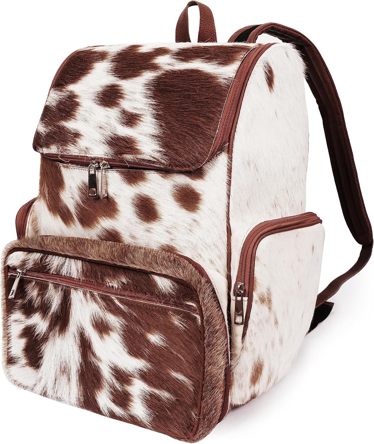 Leather Backpack For Adult Rucksack/Knapsack Bag Casual Brown & White Shoulder Cowhide Travel Diaper Bag