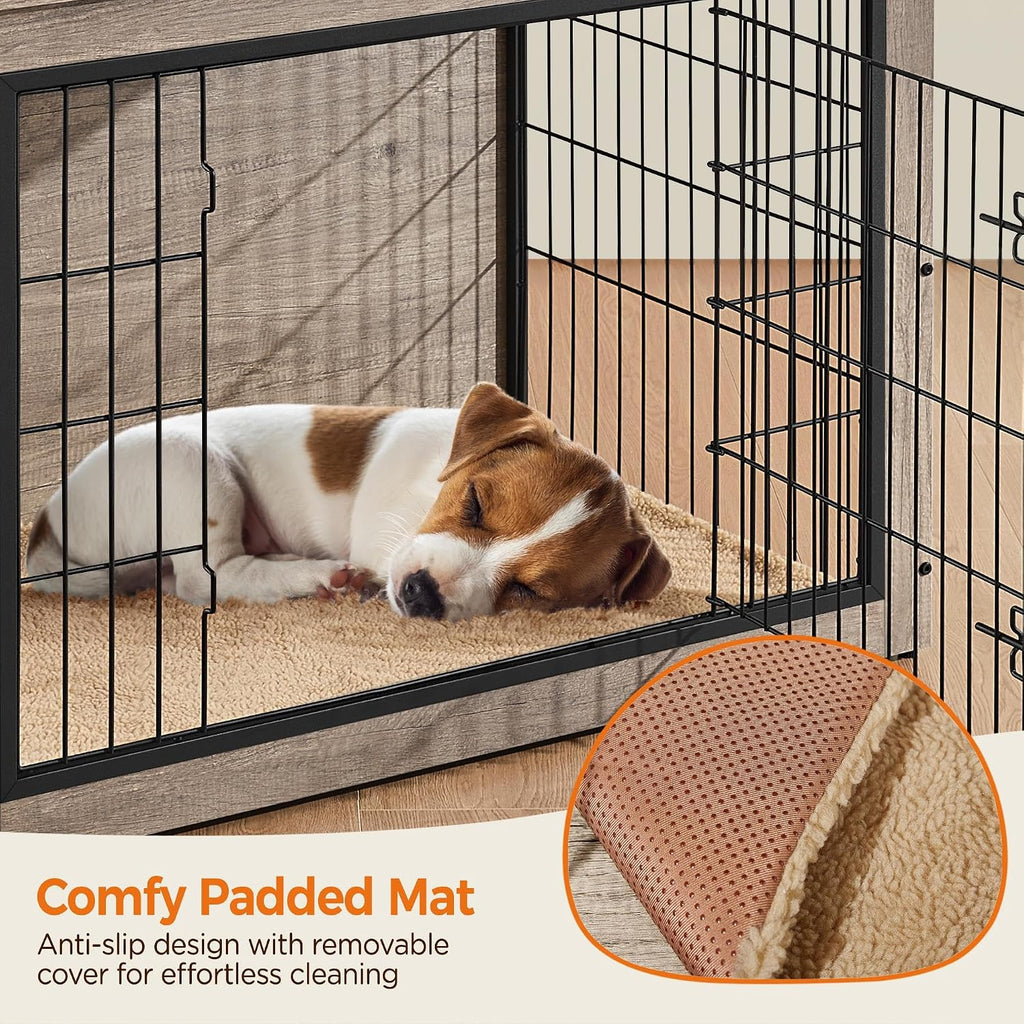 Yaheetech 32 Inch Dog Crate Furniture with Cushion, Wooden Dog Kennel with Double Door Side End Table with Adjustable Feet for Small Medium Dogs, Greige