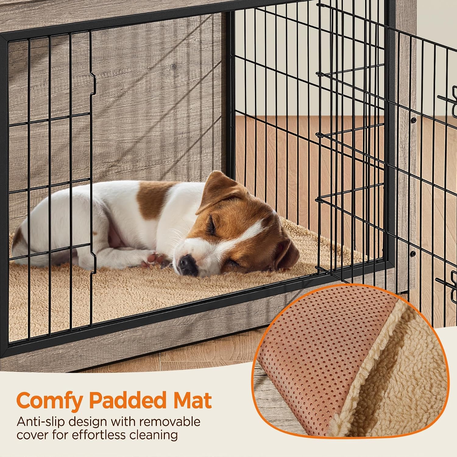 Yaheetech 32 Inch Dog Crate Furniture with Cushion, Wooden Dog Kennel with Double Door Side End Table with Adjustable Feet for Small Medium Dogs, Greige