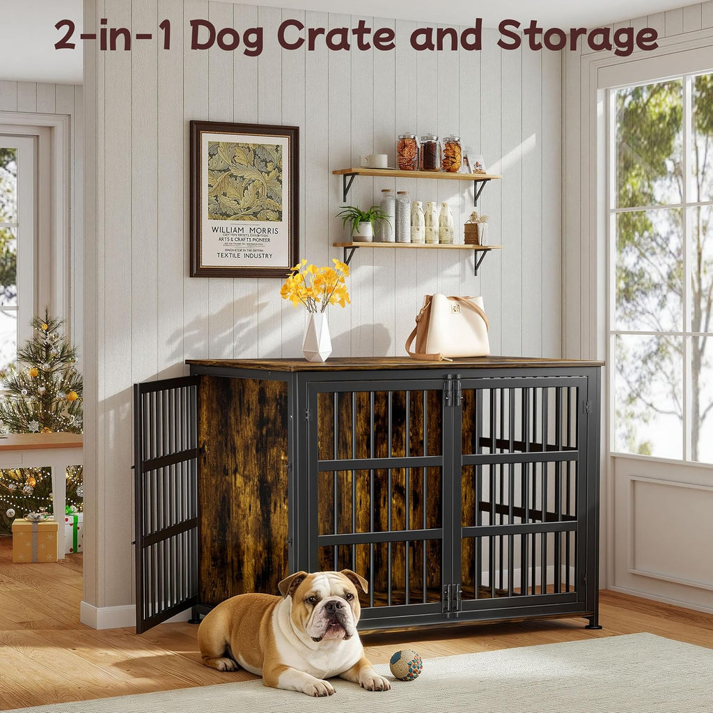 41'' Dog Crate Furniture Large Breed Dog Crate Dog Kennels for Inside Wooden Dog Crates End Table Heavy Duty Indoor Combination Cage for Medium to Large Dogs Walnut