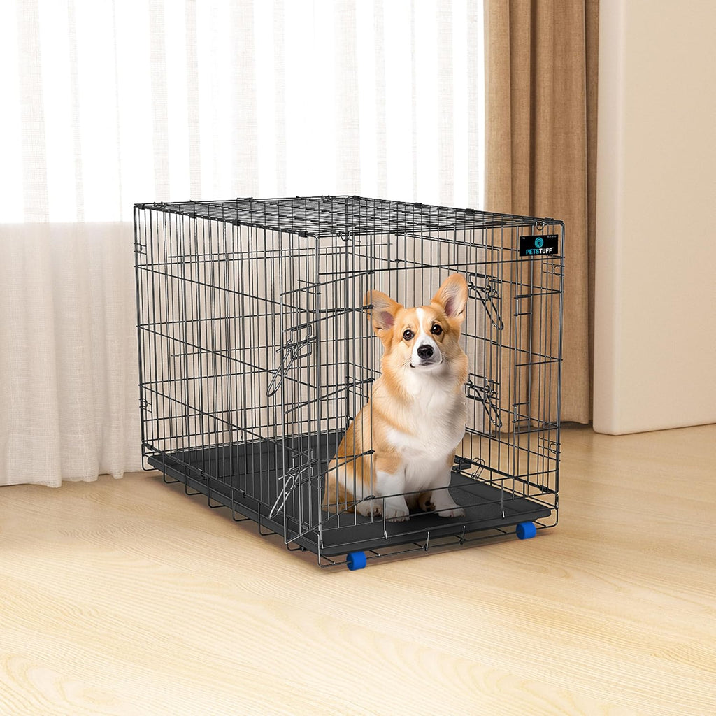 PetsTuff GREAT CRATES 48' XX-Large Dog Crate - Heavy-Duty Dog Kennel With Divider Panel For Pets 90-110lbs - Durable Leaf-Proof Tray - Foldable, Carry Handle & Wheels For Easy Moving - 2 Door Dog Cage