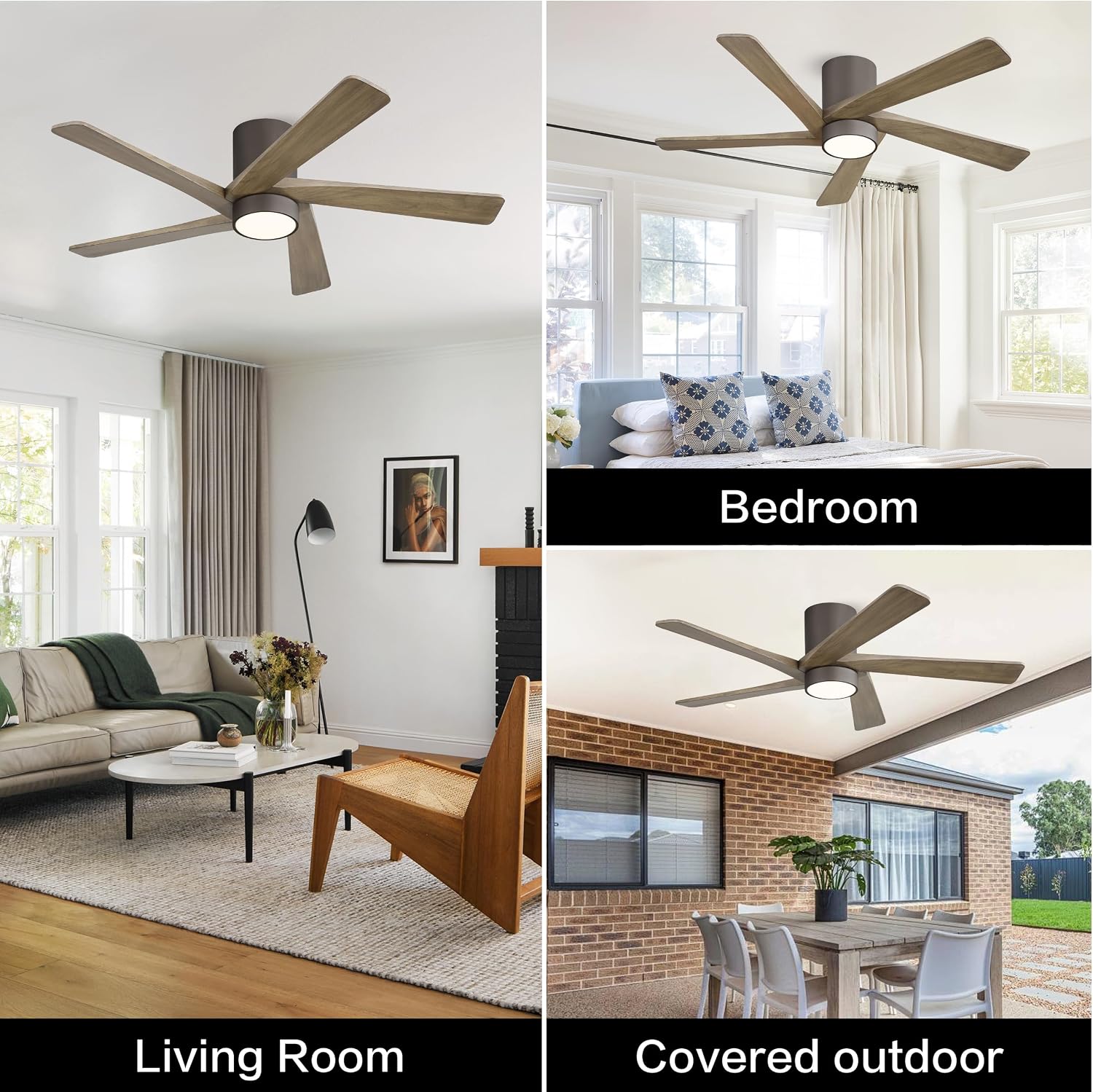 WINGBO 54 Inch Flush Mount DC Ceiling Fan with Lights and Remote, 5 Reversible Carved Wood Blades, 6-Speed Noiseless DC Motor, Hugger Ceiling Fan in Graphite Finish with Gray Blades, ETL Listed