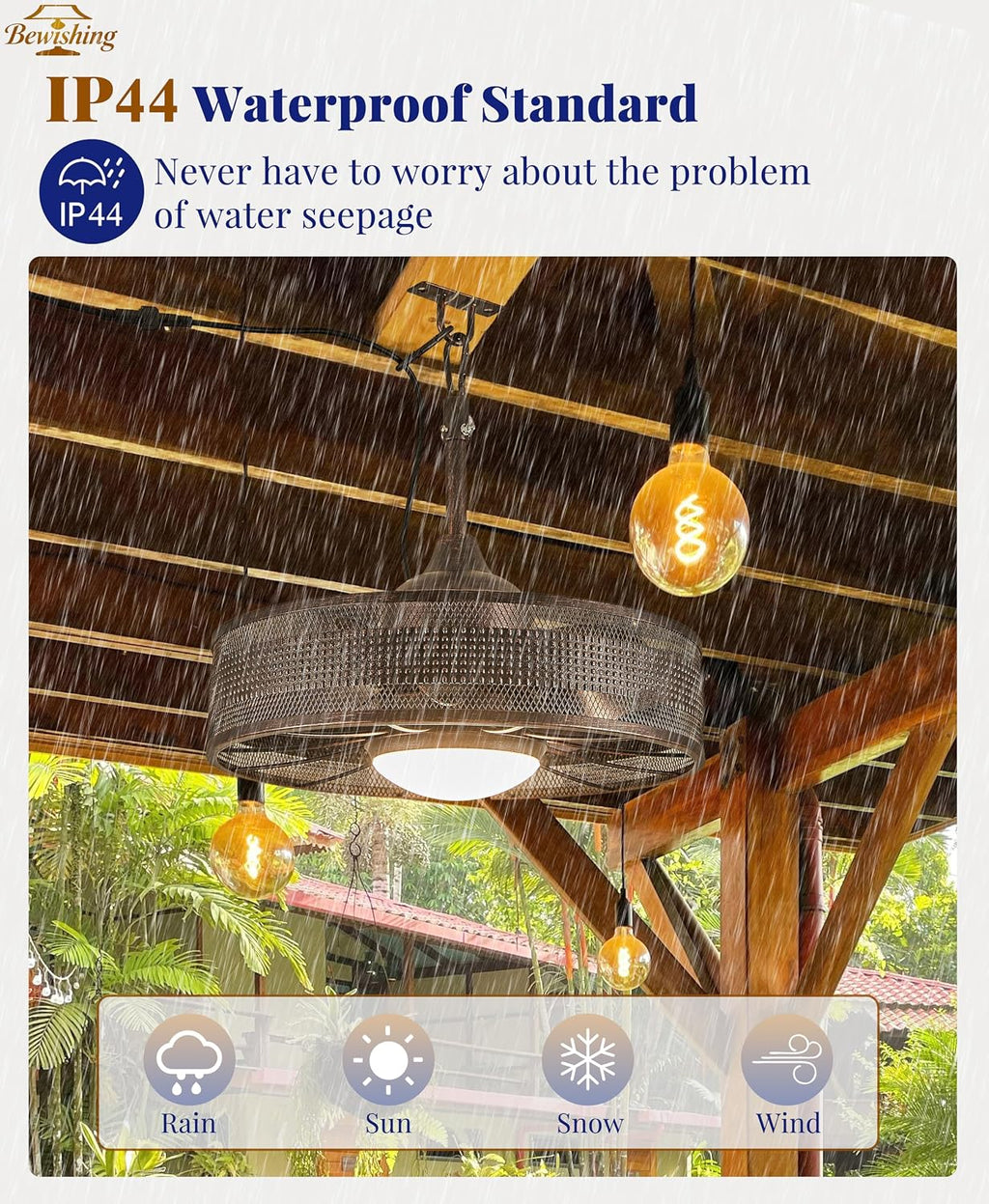 20' Plug-in Outdoor Ceiling Fan with Light, No Hardwiring Required, IP44 Waterproof, 3 CCT, APP & Remote Control, 6-Speed DC Motor, Cage Fandelier for Gazebo Patio, Black Gold