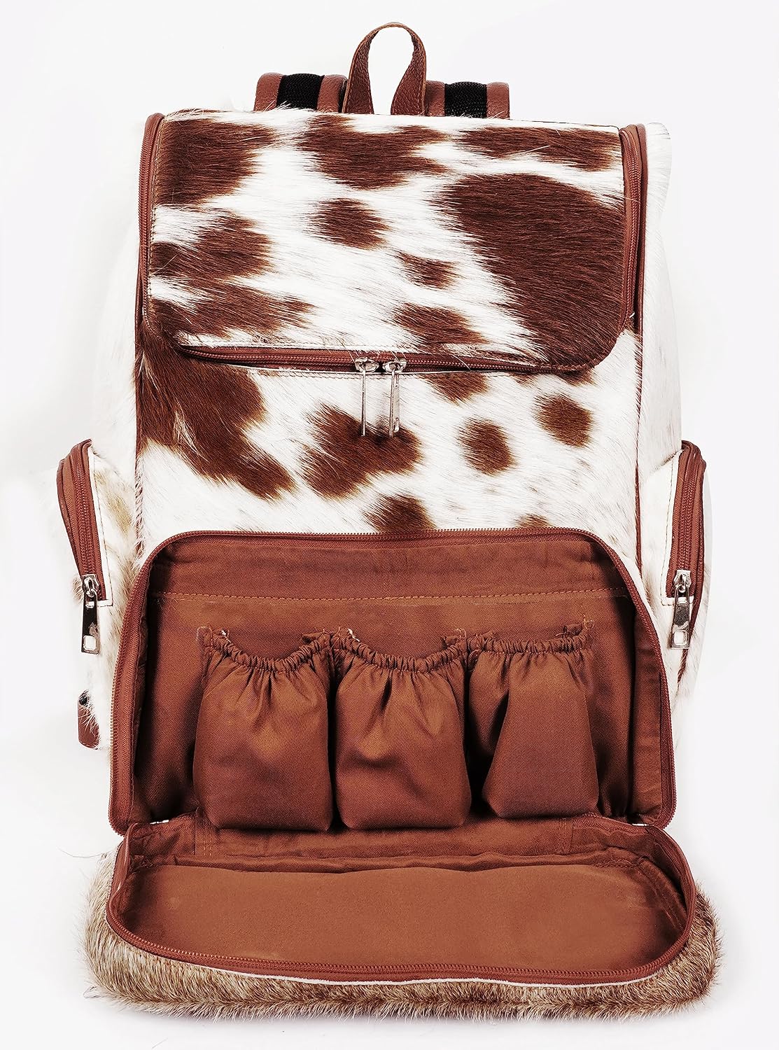 Leather Backpack For Adult Rucksack/Knapsack Bag Casual Brown & White Shoulder Cowhide Travel Diaper Bag