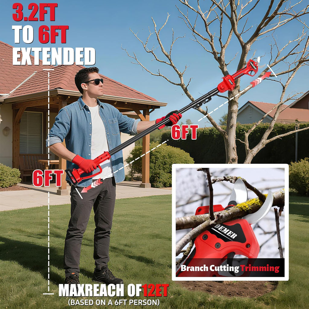 2-in-1 Pole Pruning Shears,1.6' Cutting Diameter, Cordless Electric Pruning Shears with Extension Pole,2×2.0Ah Battery Powered Pruner for Tree Trimming (2 Set Blades&Battery Charger Included)