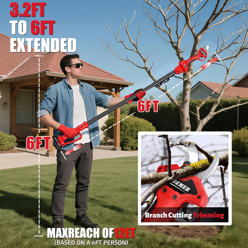 2-in-1 Pole Pruning Shears,1.6' Cutting Diameter, Cordless Electric Pruning Shears with Extension Pole,2×2.0Ah Battery Powered Pruner for Tree Trimming (2 Set Blades&Battery Charger Included)