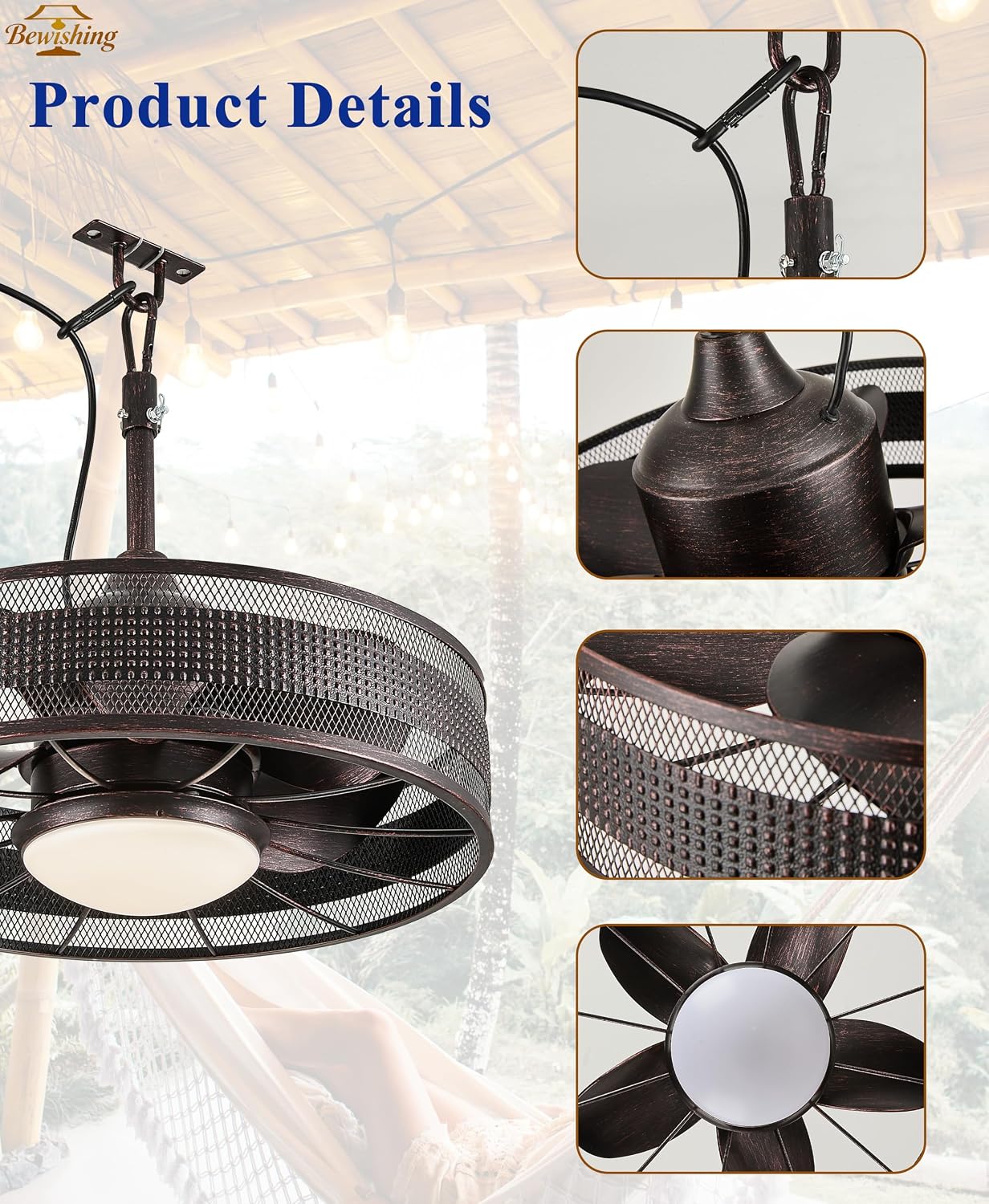 20' Plug-in Outdoor Ceiling Fan with Light, No Hardwiring Required, IP44 Waterproof, 3 CCT, APP & Remote Control, 6-Speed DC Motor, Cage Fandelier for Gazebo Patio, Black Gold