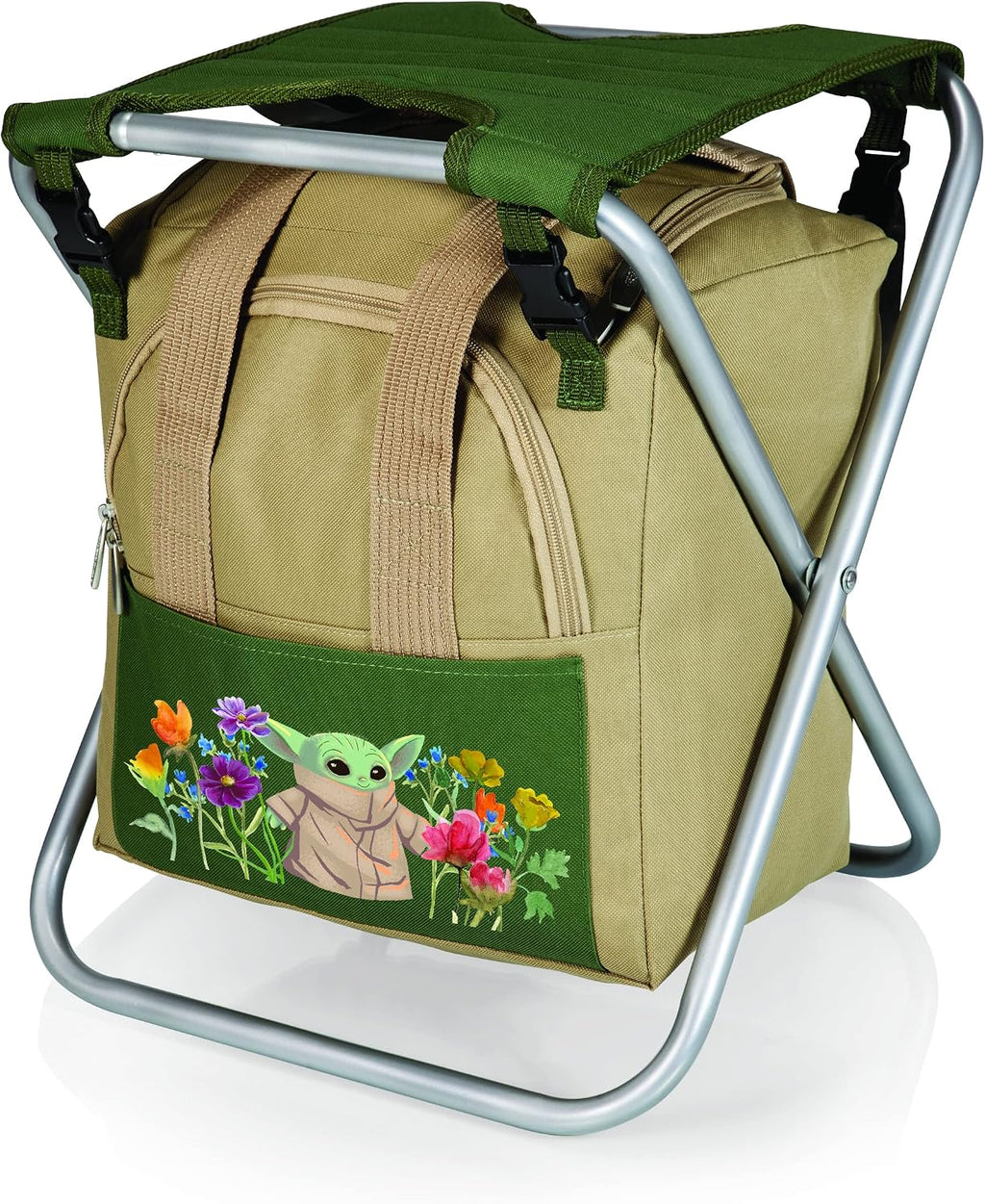 Picnic TIME Star Wars The Mandalorian Grogu Gardener Folding Seat with Tools, 5 Piece Garden Tool Set with Folding Stool and Detachable Tote Organizer, (Olive Green with Beige Accents)