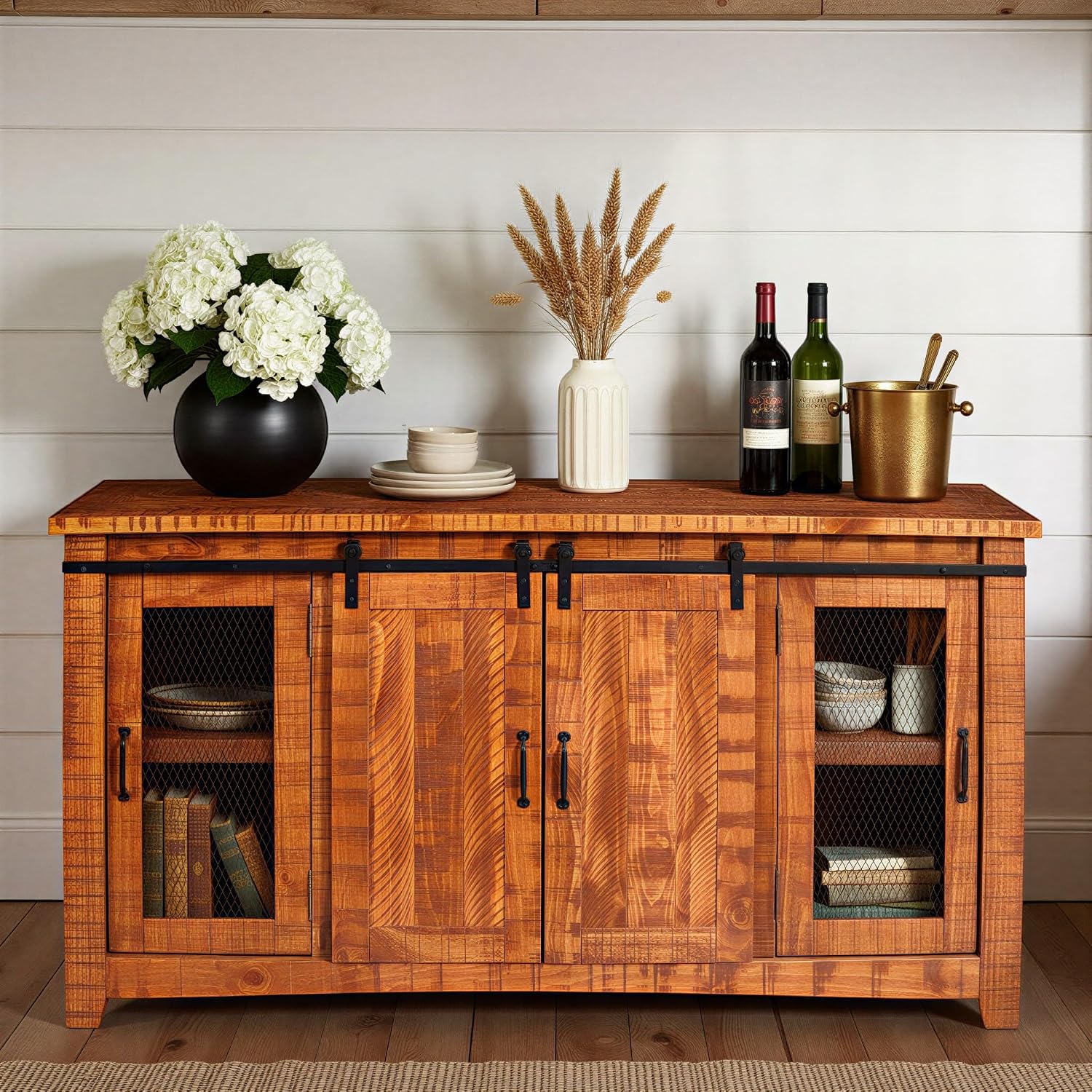 Martin Svensson Home 65' Solid Pine Wood Entertainment Center with Storage. Rustic TV Stand for TVs up to 70.' Sliding Doors, Adjustable Shelves & Cable Management – Honey Tobacco Finish