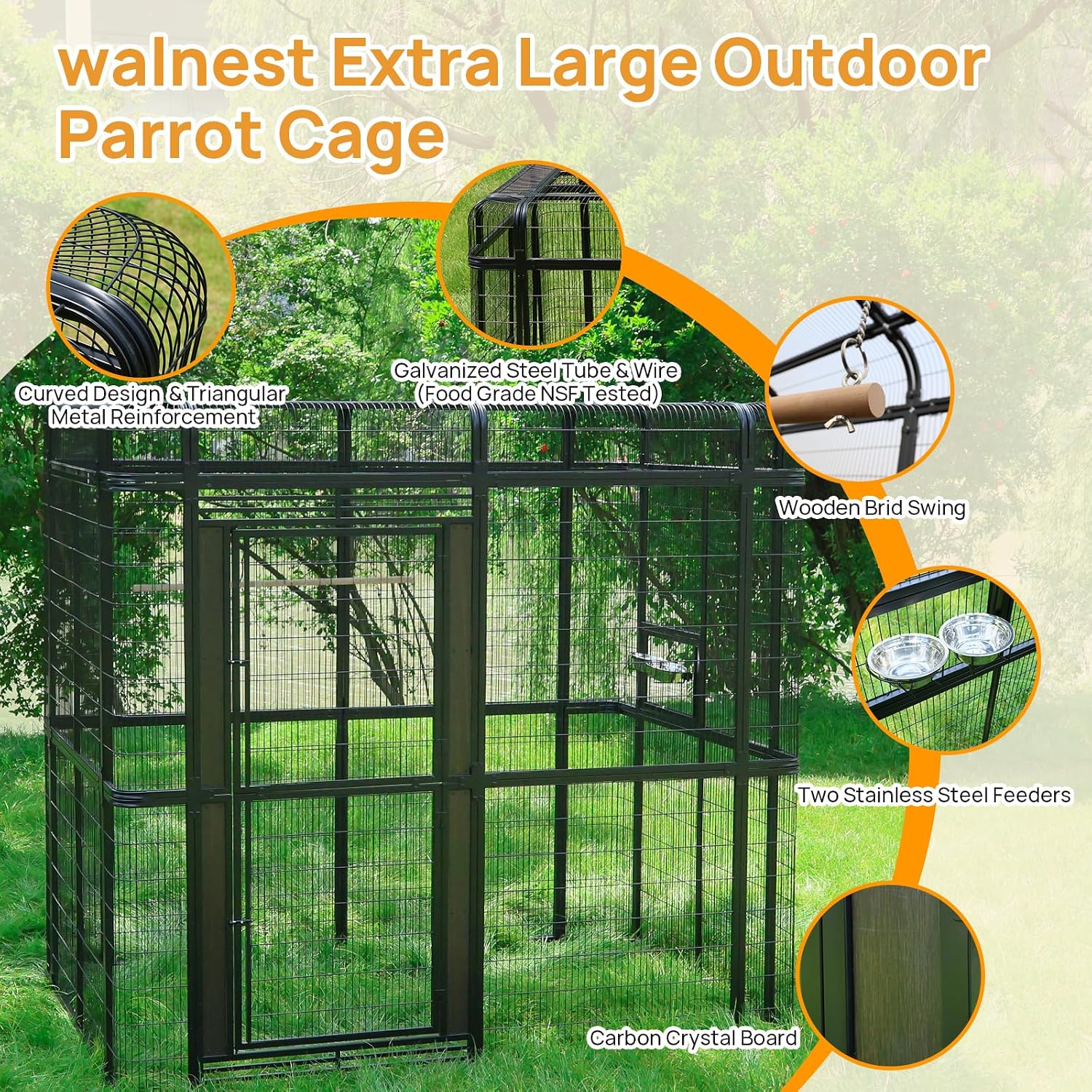 Outdoor Large Walk-in Cage 87-inch Heavy Duty Bird Cage Carbon Crystal Board Aviary Parrot Cage Wide Flight Metal Birdcage for Macaw Budgie Conure Lovebird Parakeet Cockatiel, 7.22x5.25x6.8ft, Black
