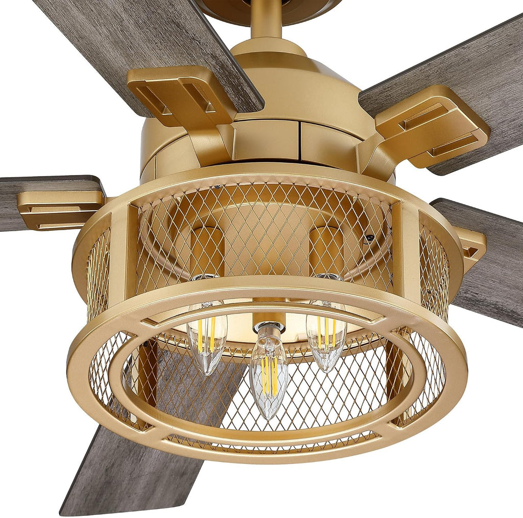 Parrot Uncle Gold Ceiling Fans with Lights and Remote, 52 Inch Farmhouse Ceiling Fan with Light for Bedroom, Modern Outdoor Ceiling Fans for Patios, Reversible Airflow, 3 Speeds, Timer